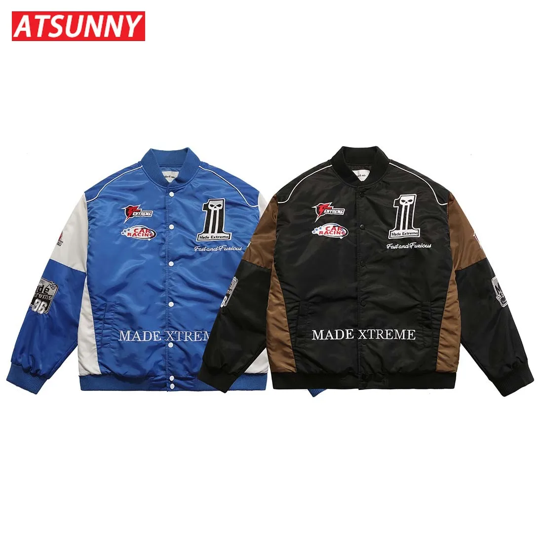 ATSUNNY Racing embroidered jacket Stitching color American retro Parkas Thicken national tide autumn and winter cotton coat