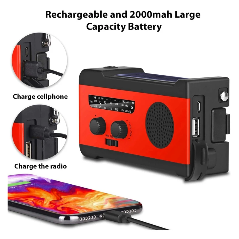Солнечная аварийная AM FM WB радио с фонариком SOS тревога Динамо рукоятка НОАА 2000MAh