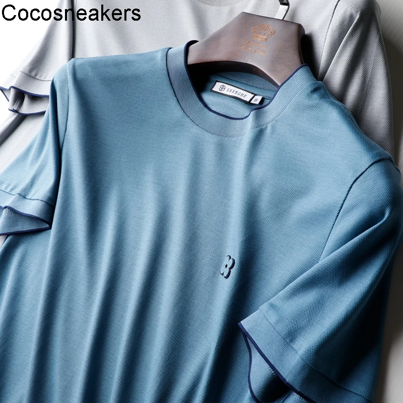 

New Summer colorful silky elastic lacel breathable bead mesh fashion trend slim round neck short sleeve T-shirt