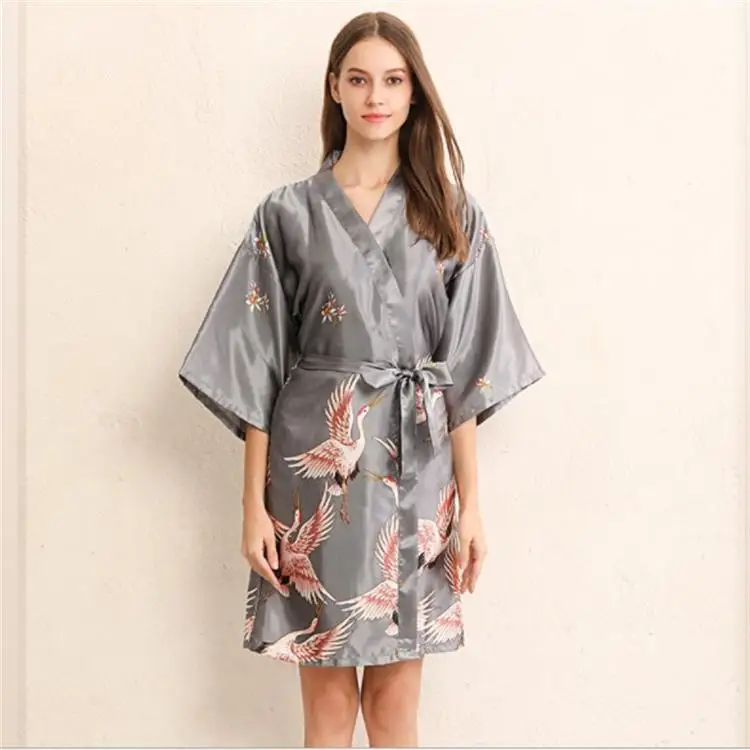 Crane Printed Large Women's Robe Three Quarter Gowns Loose Bathrobe Home Wear Silk Nightgown Bridesmaid Clothes Sleepwear