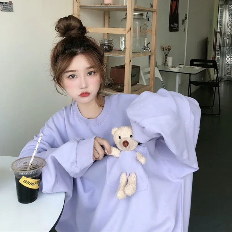 

Kawaii Толстовка для женщин из хлопка; Футболка с круглым вырезом и с длинными рукавами белого и черного цвета, комплект из топа с Осенняя уличн...