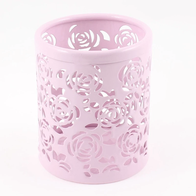 

Light Pink Hollow Rose Flower Pattern Metal Pen Pencil Pot Holder Organizer