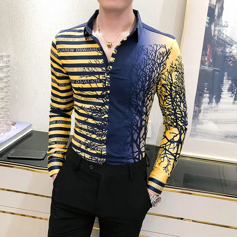 Рубашка мужская приталенная с длинным рукавом дизайнерская цифровой печатью в