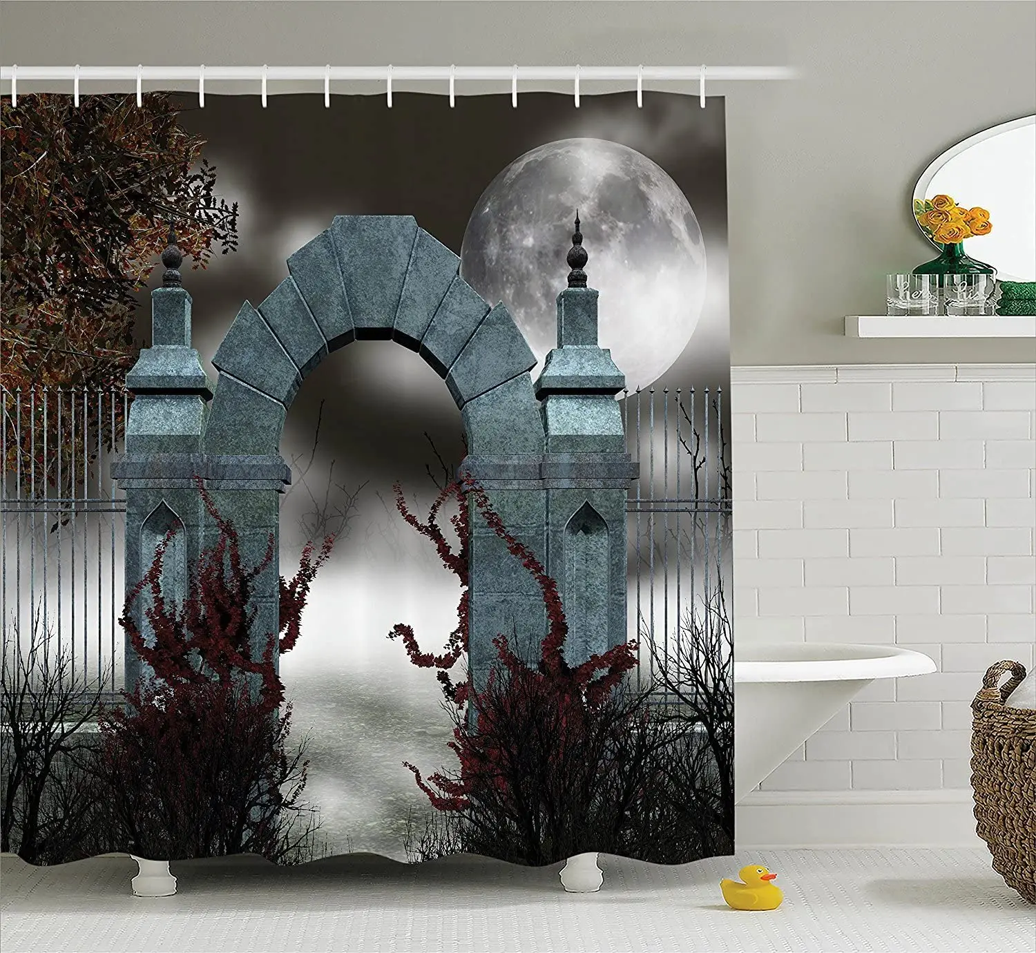 

Gothic Shower Curtain Scary Medieval Middle Age Stone Gate with Fog Full Moon and Ivy Dark Night Theme Art Bathroom Decor Set