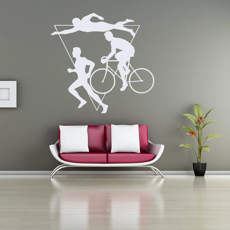

Triathlon Multiple-Stage Swimmer Bicycle Swimming Cycling Vinyl Home Decor Wall Sticker Sport Decals Room Wallpaper Mural S225