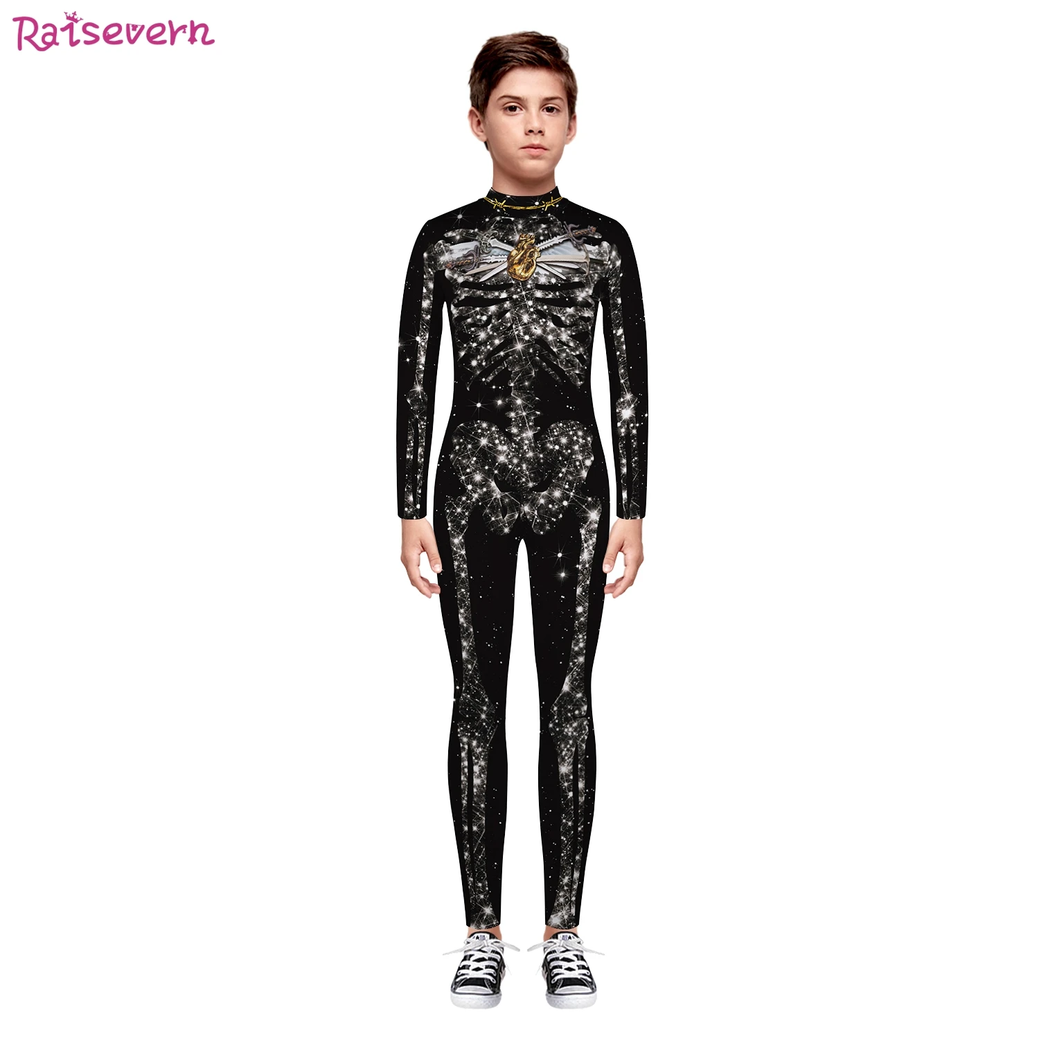 Raisvern/Детские комбинезоны на Хэллоуин с объемным принтом скелета и высоким