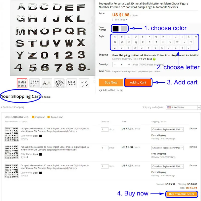 Персонализированные 3D металлические английские буквенные эмблемы цифровые