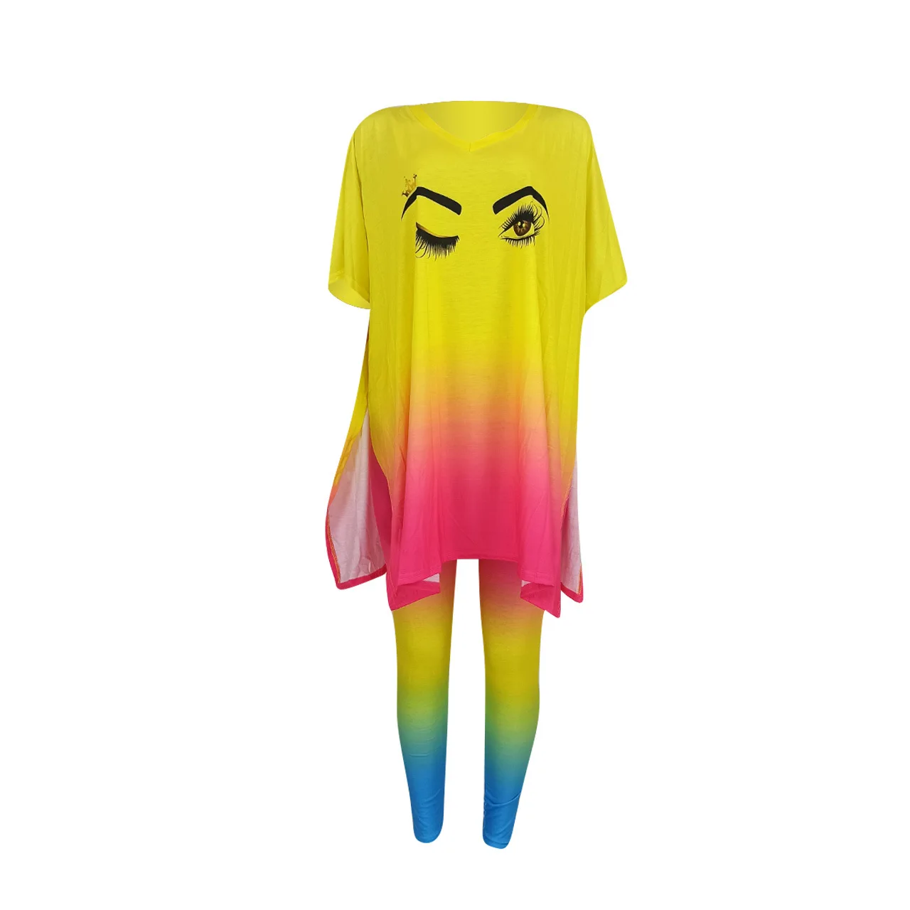 

Cutubly Face Matching Set Outfit Gradient Print Women Two Piece Set Batwing Sleeve Split T-shirt Jogger Pants Suit Tracksuit