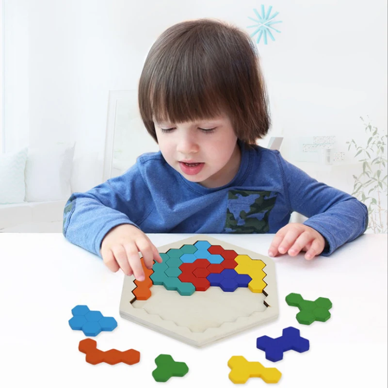 

Colorfu Hexagon Puzzles Toy Montessori Honeycomb Shape Tangram Puzzle Table Game Playset Toddlersl Wooden Logic IQ Training Toys