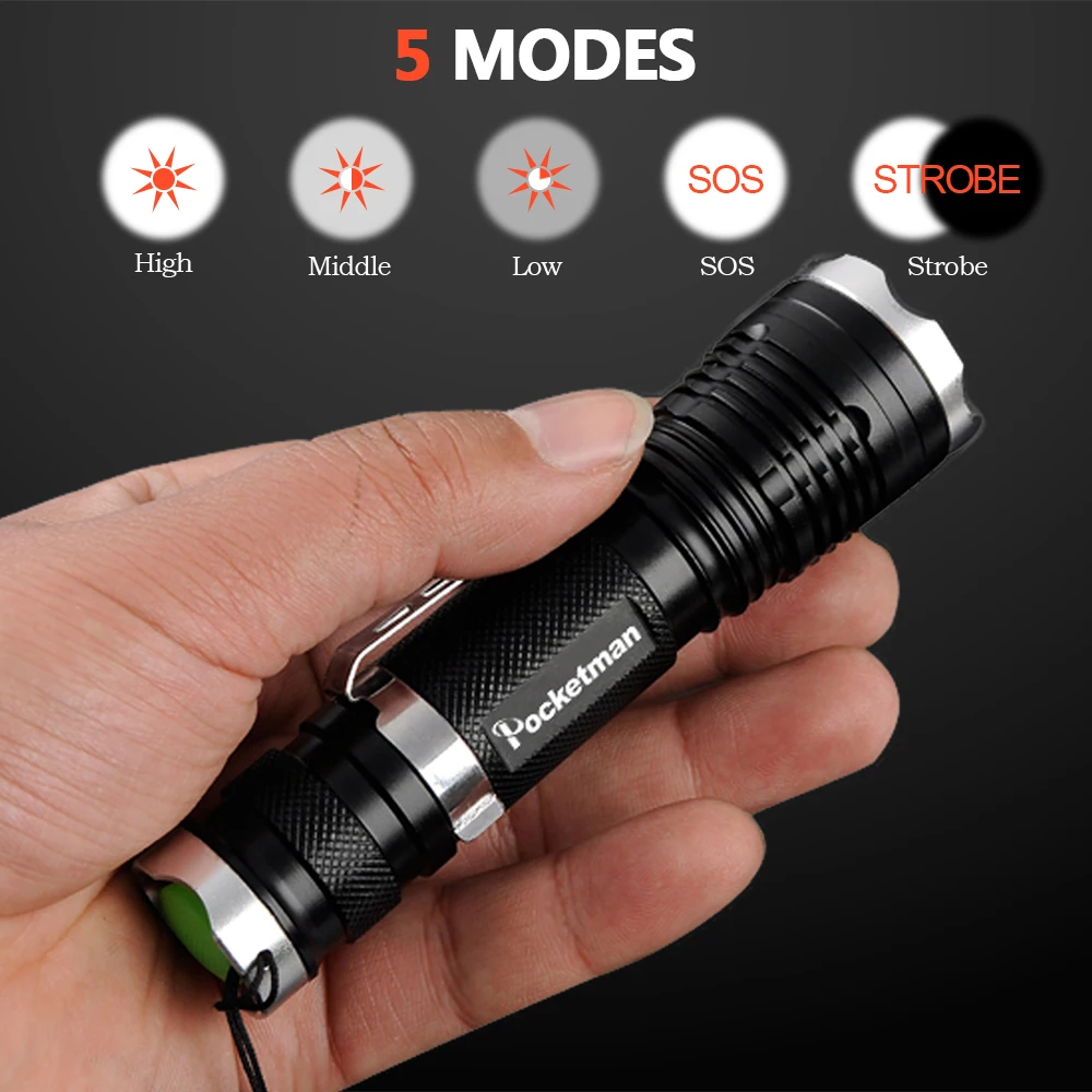 Super Bright Waterproof Most Powerful XML-T6 LED Flashlight Zoomable 5 modes torch 18650 Belt Clip Lantern z90 for outdoor FS | Освещение