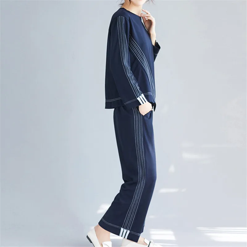 

Fashion Suit Women Spring Autumn New Round Neck Irregular Long-Sleeved Top + Elastic Waist Wide-leg Pants Loose Two-piece Female