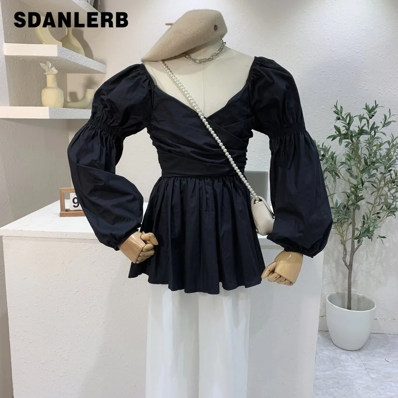 

Женская блузка во французском стиле, осенняя рубашка с V-образным вырезом и открытыми плечами, Женская приталенная плиссированная однотонн...