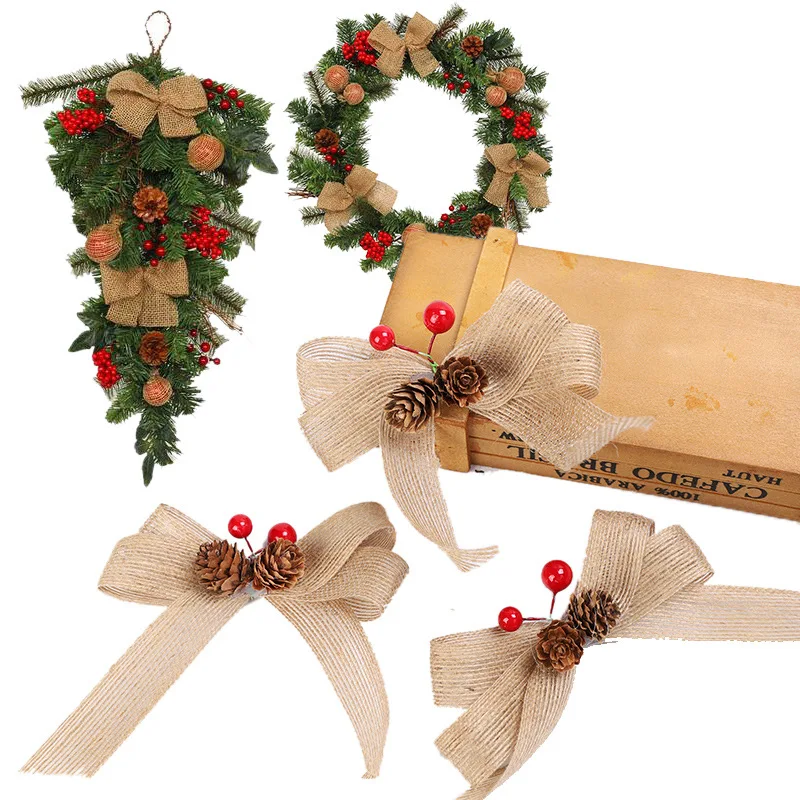

Банты из мешковины для елки, украшения, Рождественский бант с ягодами, конусами из сосны, украшения для вечеринки, 2 шт.