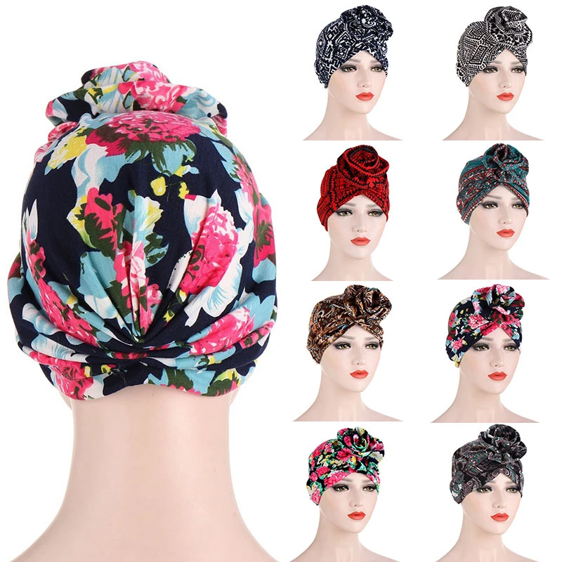 

Boho Print Bow-tie Turban Hat Muslim Women Inner Hijabs Bonnet India Wrap Head Scarf Ready To Wear Hijab Caps Ladies Headscarf
