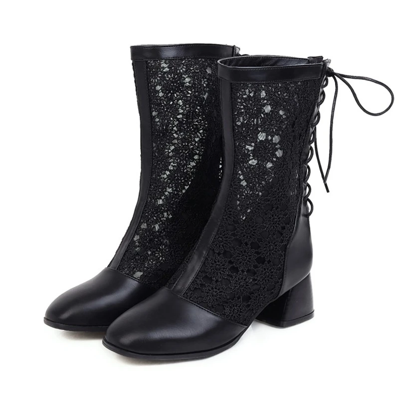 

Boot Women 2020 Summer Sandal Leather Lace gauze Round Toe Lace up High Heel Lady Fashion Rome white shoes Big size 34-47 20-4