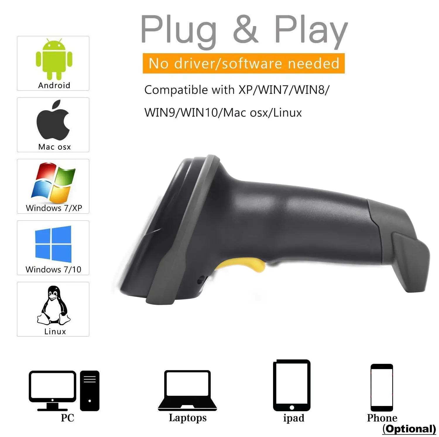 Портативный беспроводной сканер штрих кодов Holyhah A60D и Bluetooth A66D 1D/2D QR PDF417 для