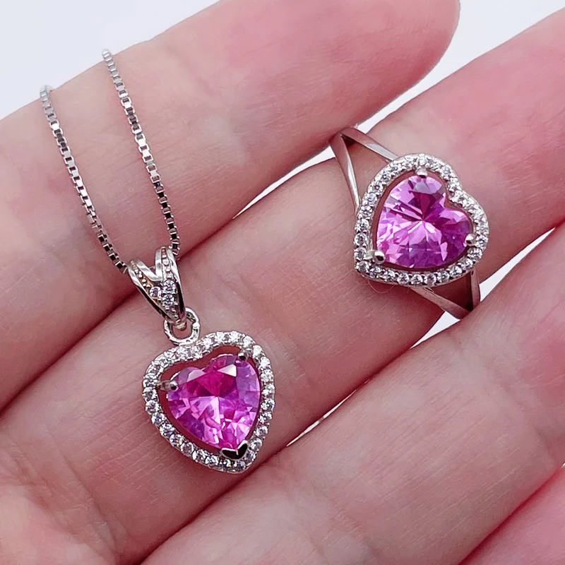 

Luxury Pink Sapphire Jewelry Set Pink Sapphire Ring Pendant Necklace Heart Cut Synthetic Gemstone For Women 925 Sterling Silver