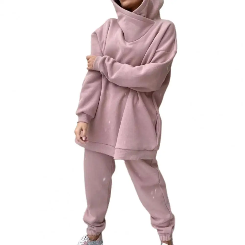 

Dropshipping 1 Set Hoodie Pants Set Solid Color Pockets Women Loose-fitting Sweatshirt Ankle Tied Sweatpants for Daily Wear 2021