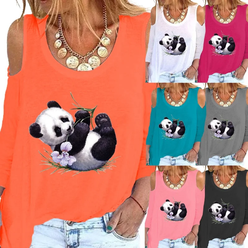 Женская свободная футболка с длинным рукавом круглым вырезом и принтом панды -