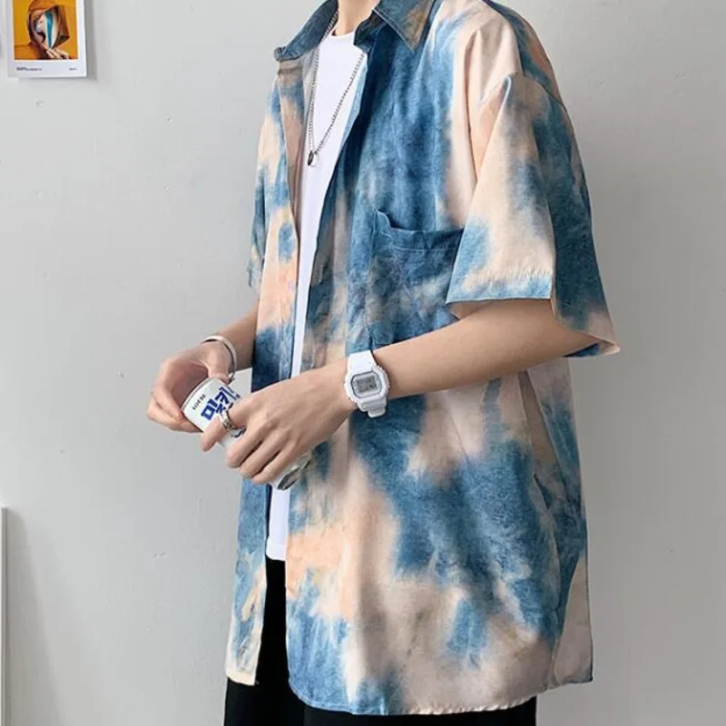 Summer Tie-dye Shirt Men's Fashion Print Retro Casual Shirt Men Streetwear Korean Loose Hip-hop Short-sleeved Shirts Mens M-5XL