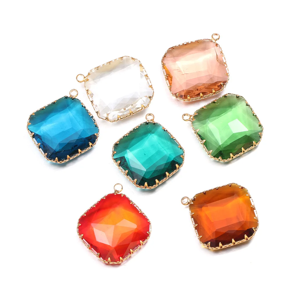 

Square Cut Color Mixed Glass Crystals Pendant Reiki Healing Natural Stone Amulet DIY Jewelry Natural Stone Charms Size 28x30mm