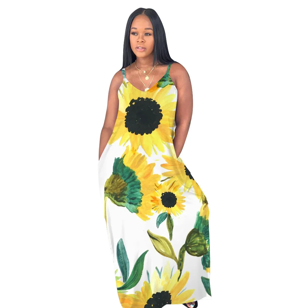 Женское платье в африканском стиле летнее богемном с принтом подсолнуха |
