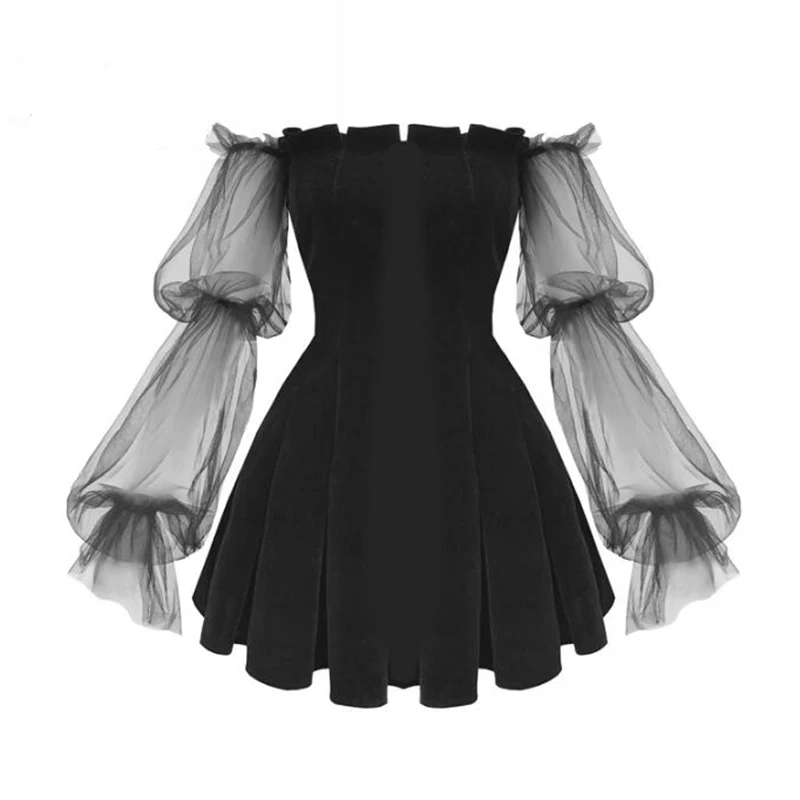 

Spring Gothic Sexy Harajuku Black Women Mini Dresses Sexy Club Punk Mesh Puff Sleeve Female Dress Off Shoulder Vestidos