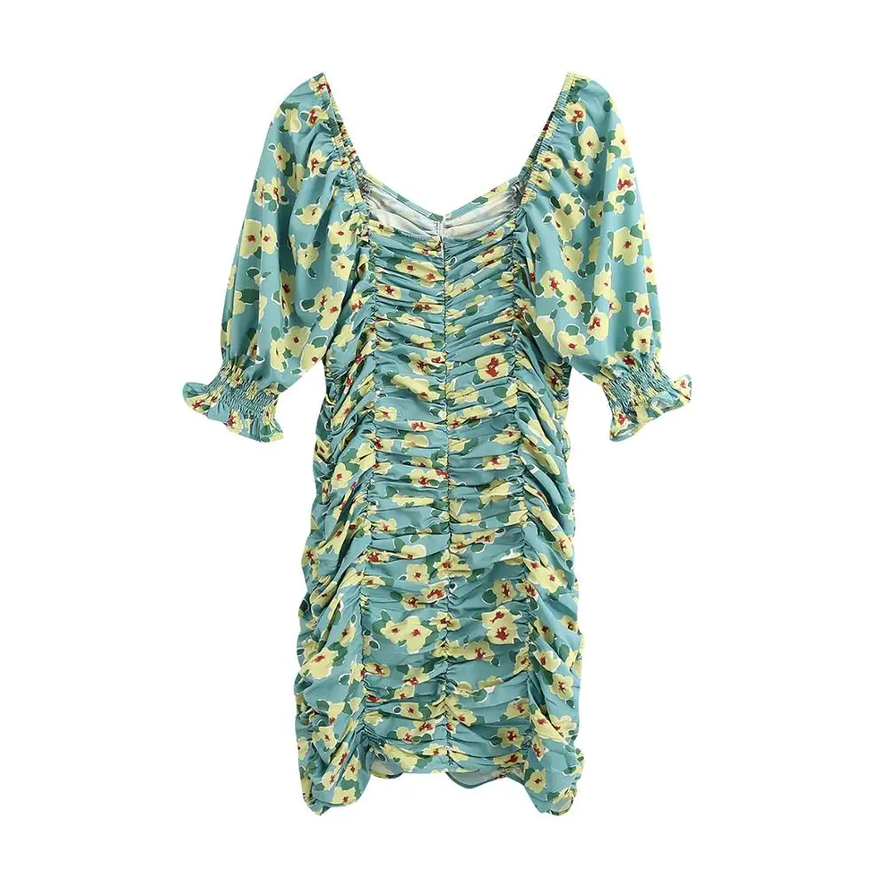 

Bodycon Elegant Dress Puff Short Sleeve Dress Floral Print Square Collar Ruched Mini Dress Women Vestidos