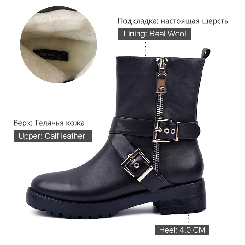 Donna-in Genuine Leather Mid-calf Women Boots Low Heel Wool Lining Winter Snow Shoes 2020 Fashion Metallic Zipper Riding | Обувь