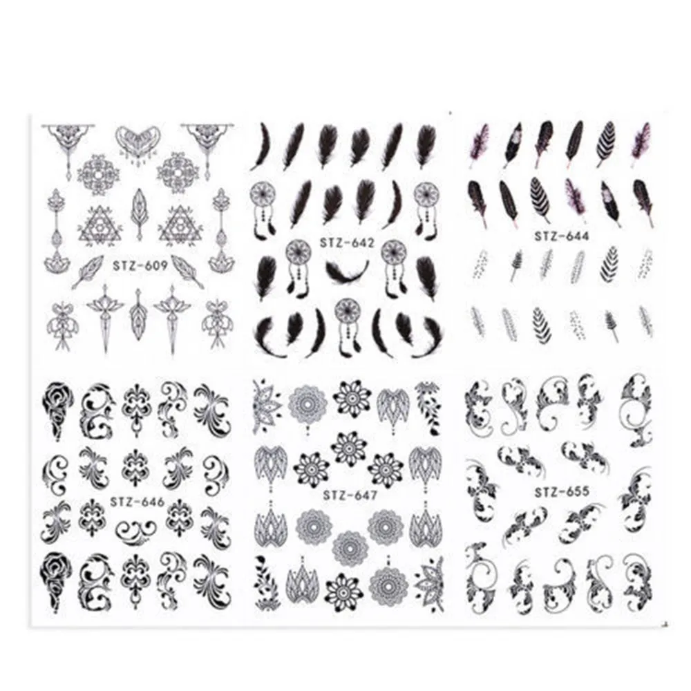 6 шт. красивые черные и белые перья наклейки для дизайна ногтей модные