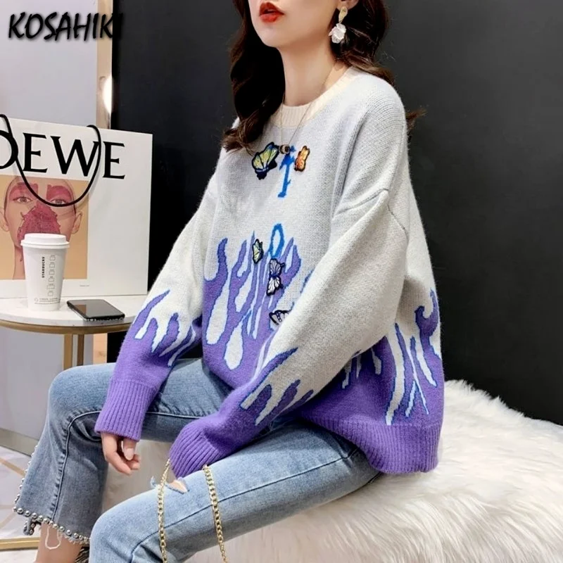 Женский трикотажный свитер с аппликацией бабочки в стиле Харадзюку | Женская