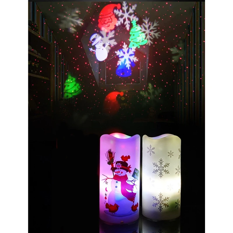 

Christmas Decoration Ornaments Creative LED Candle Projection Lamp Snowflake Snowman Pattern Night Light Decor Props
