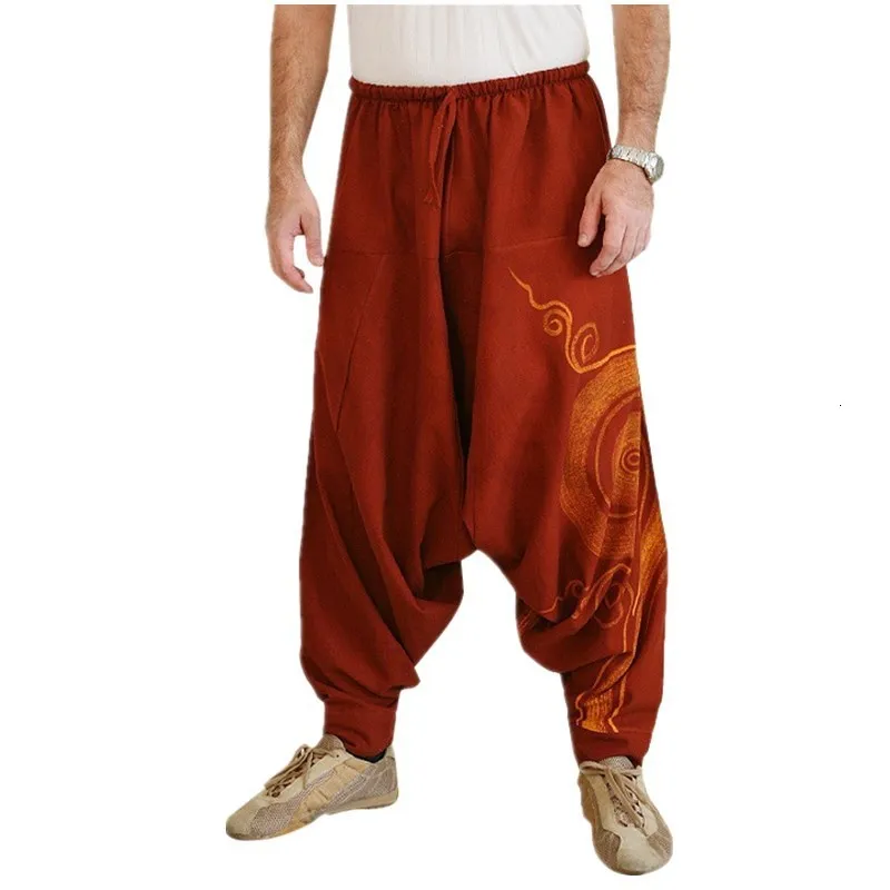 Men Chinese Style Print Bloom Harem Pants Japanese Loose Wide Leg Trousers African Indian Bottoms Pirate Viking Medieval Costume |
