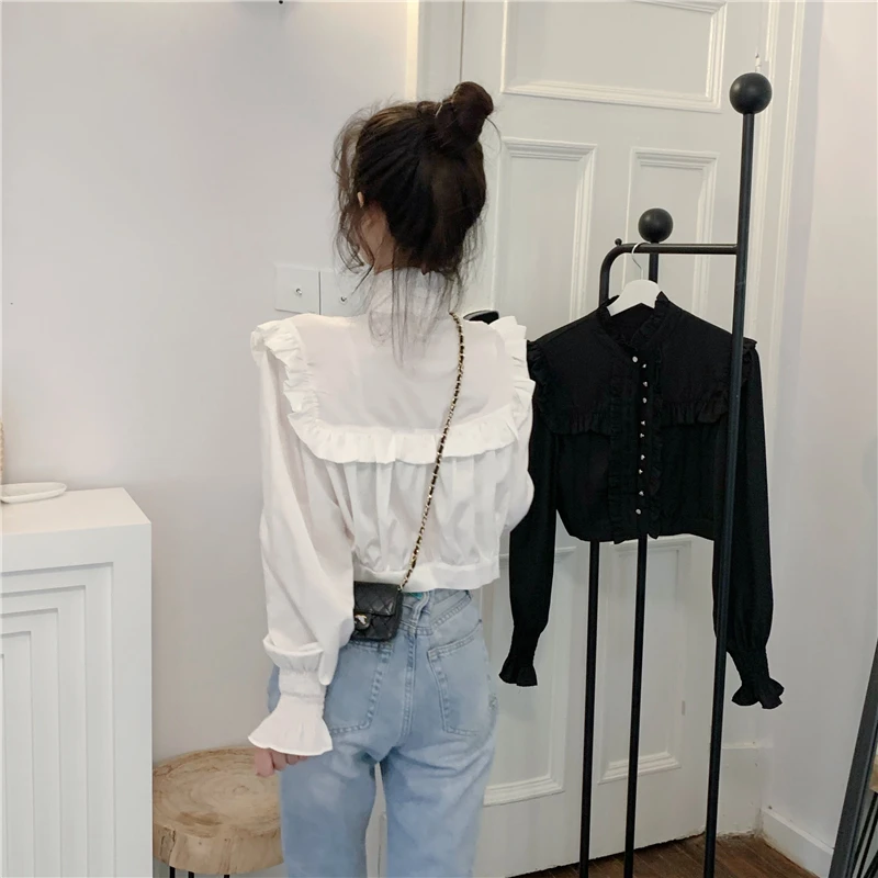 

Crop Top Ruffles Stand Vintage Style Women's Clothing Spring Autumn Shirts Stand Fashion Brand Ladies Fashion Brand New 2021