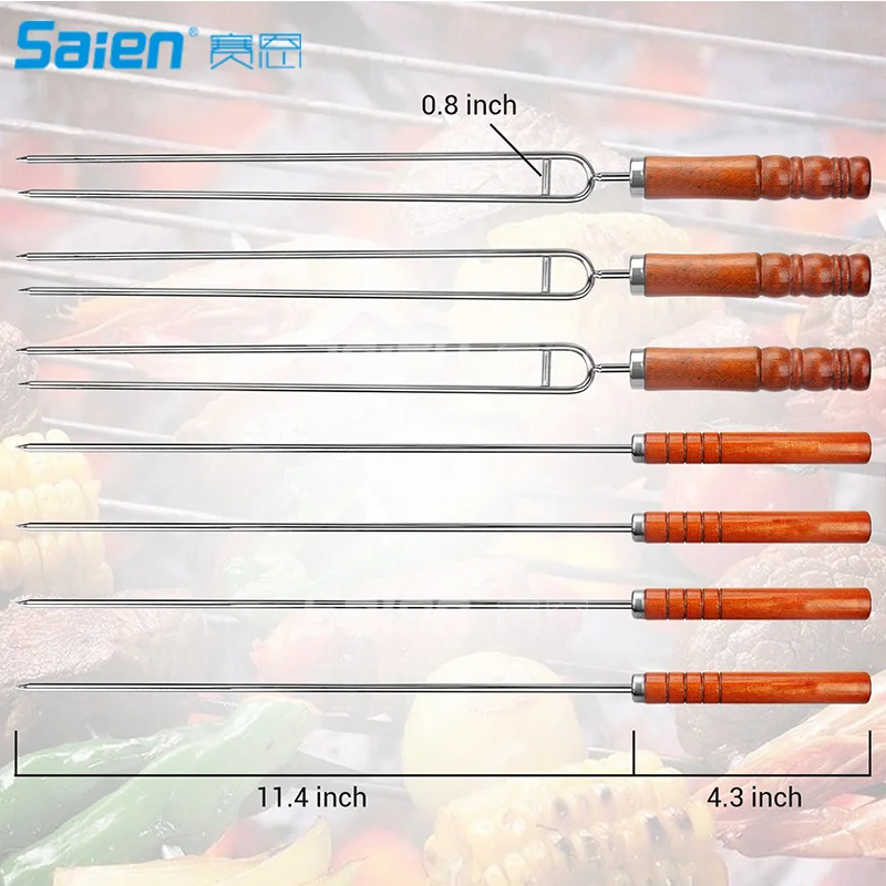 Double Prongs BBQ Barbecue Shish Kebab Skewers Stainless Steel Wooden Handle 16 inch 7-Piece | Спорт и развлечения