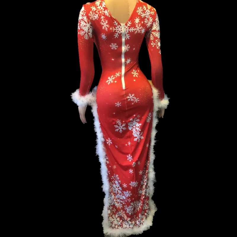 

Classical Red Women's Deer Snowflake Pattern High Slit Dress Party Women Long Sleeves Fur Slim Clothes Female Dance Stage Wear