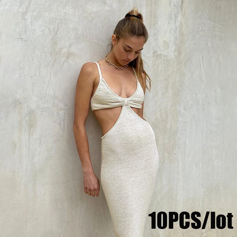 

10PCS Sexy Backless Dress Women Hollow Cut Out Knitted Maxi Dress 2021 Summer Elegant Bodycon Dress Bulk Item Wholesale Lots