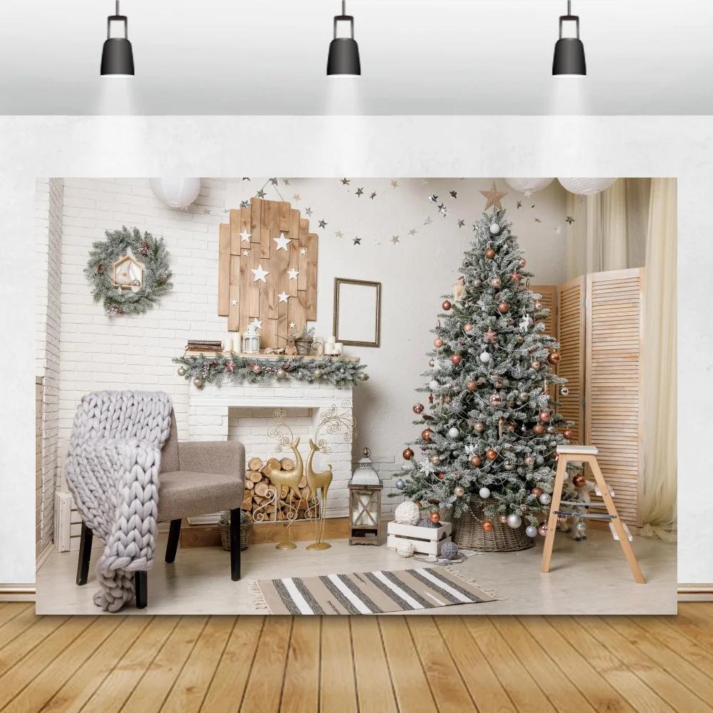 

Christmas Tree Brick Wall Background White Fireplace Pattern Family Photography Backdrop Baby Children Portrait Photocall Banner