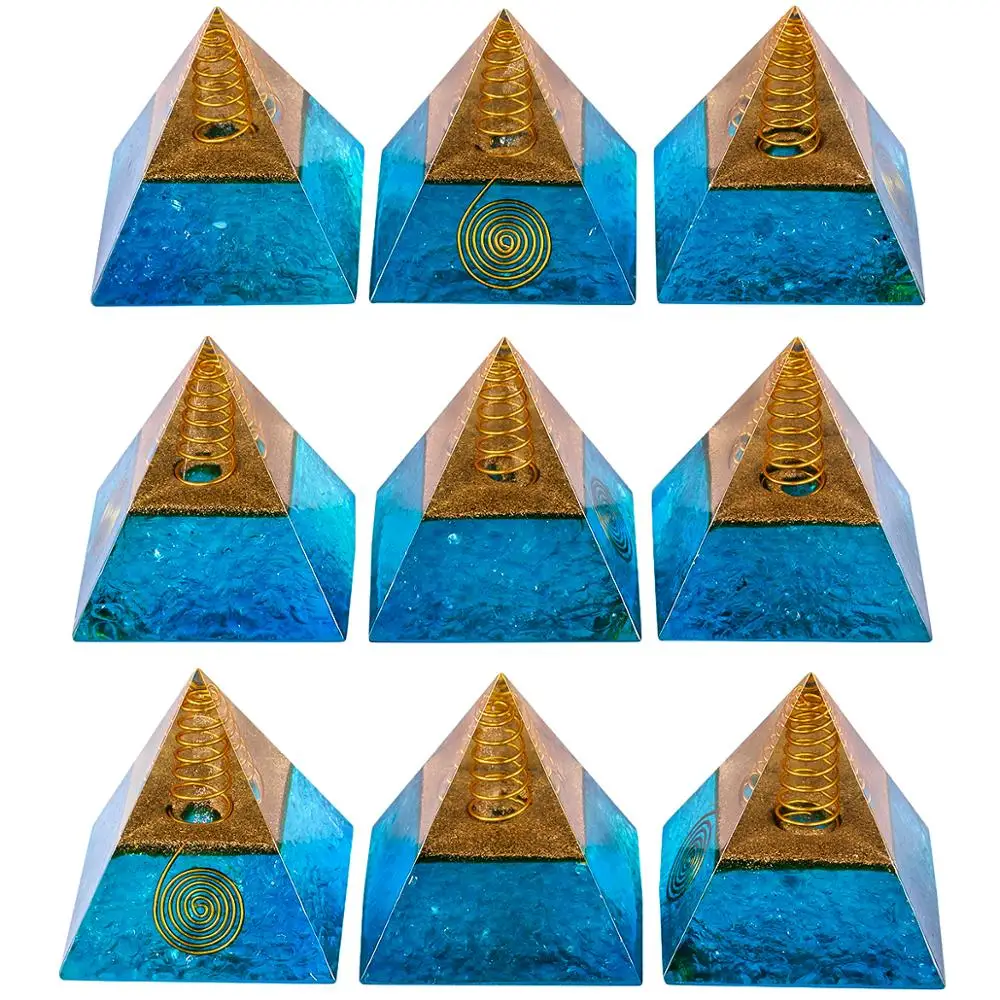 TUMBEELLUWA Healing Crystal Gold Wire Orgone Pyramid Stone Figurine Energy Generator for Meditation Reiki Balancing,Blue Color