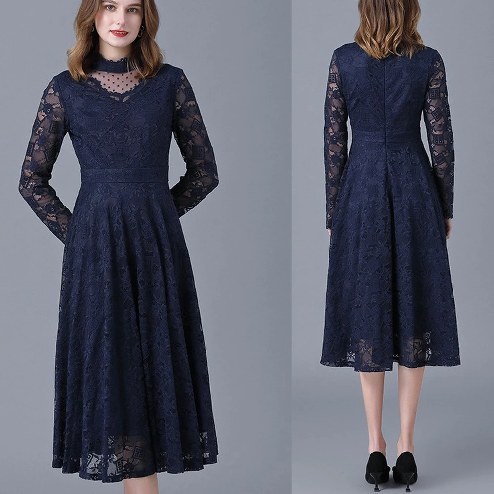 

Spring Autumn Office Lady Lace Midi Dresses 2021 Casual Vintage Plus Size Long Sleeve Dress Elegant Women Bodycon Party Vestidos