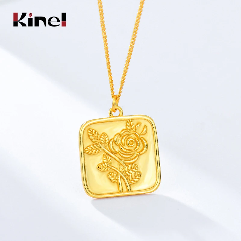 Kinel 925 Sterling Silver Rose Flower Pendant Jewelry European Retro Square Double Sided Embossed 18k Gold Plated Necklace Whole | Украшения