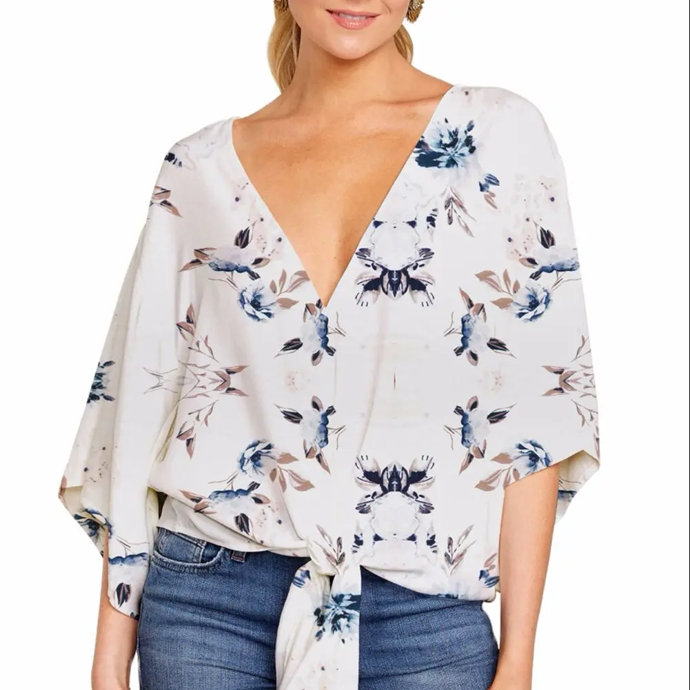 

2021 Women's Clothing Shirt Summer V-Neck Short Sleeve Tie Printing Coat