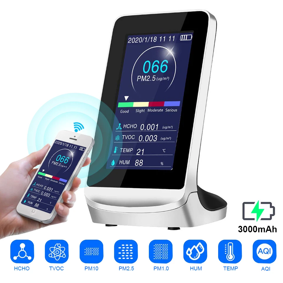 

Wifi Air Quality Monitor Pm2.5 1.0 10 Gas Analyzer Detector Formaldehyde Tvoc Hcho Pm 2.5 CO2 Sensor Meter Analyzer Tester 2020