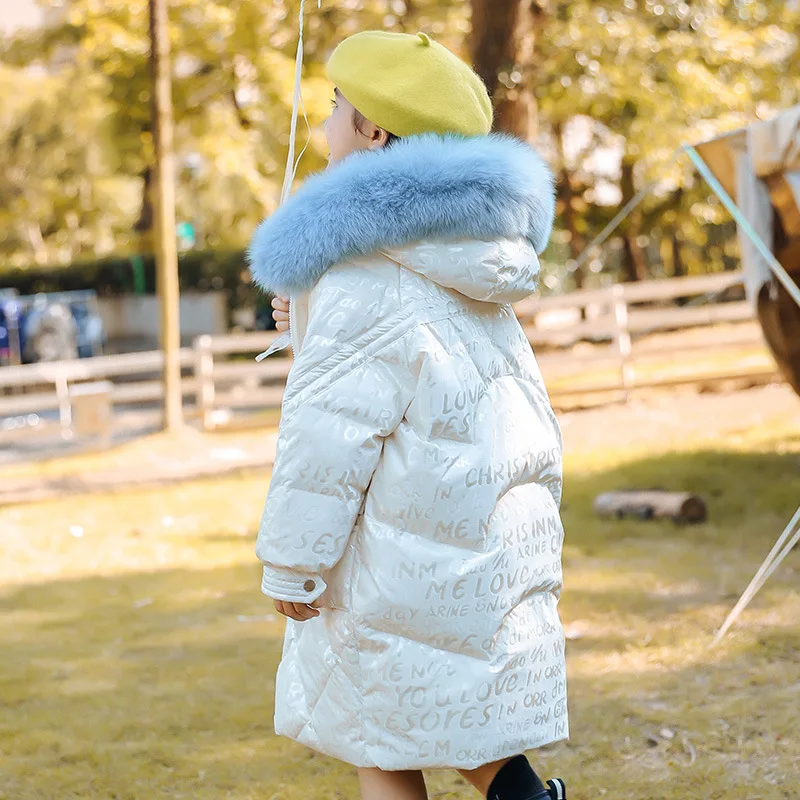 

Letter Big Children's Down Jacket for Girls Thicken Warm Outdoor Long Hooded Winter Coat Parka Real Fur Clothing