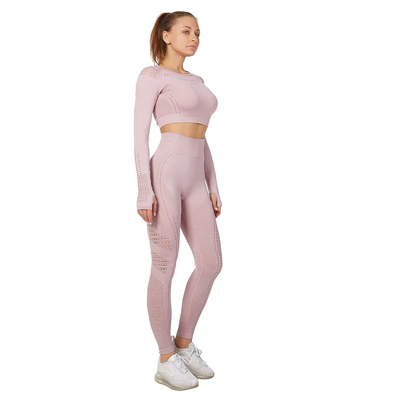 

Fashion Seamless Sportswear Long Sleeve Crop Top Fitness Yoga Sets Women Gym Clothes Running Workout Leggings Sport Suit Outfits