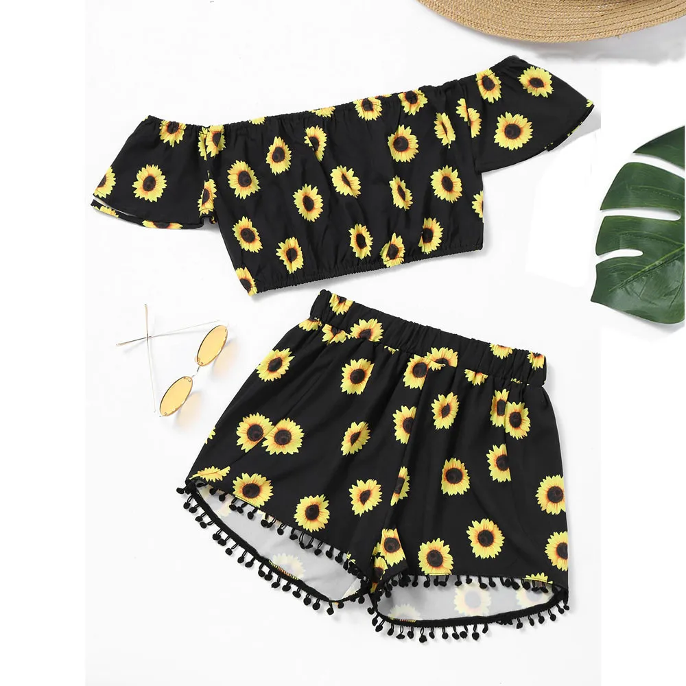 

Crop Tops Tassel Shorts Two-piece Women Off Shoulder Sunflower Print Female Outfit Summer Tracksuit Clothes Streetwear 2021