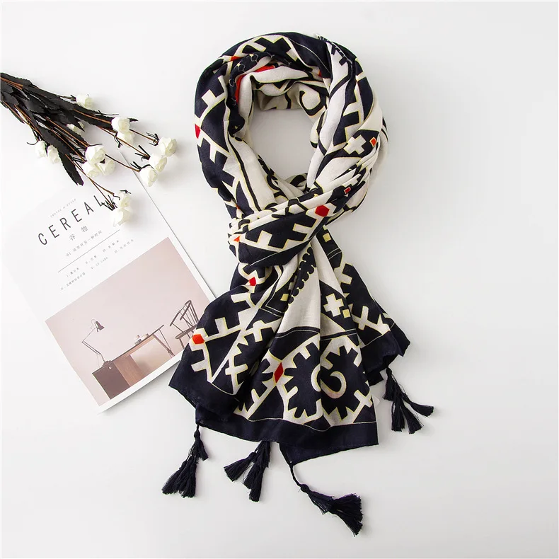 

Scarf Women's Summer Cotton Tassel National Style Tourism Scarf Shawl Versatile Geometric Printing Scarf