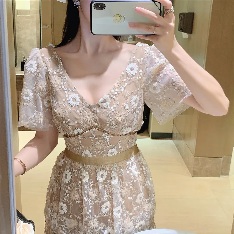 

2021 summer Runway Desigher Dress Embroidery Sequined Flower Mesh Dress Women High Waist Party Long Dress