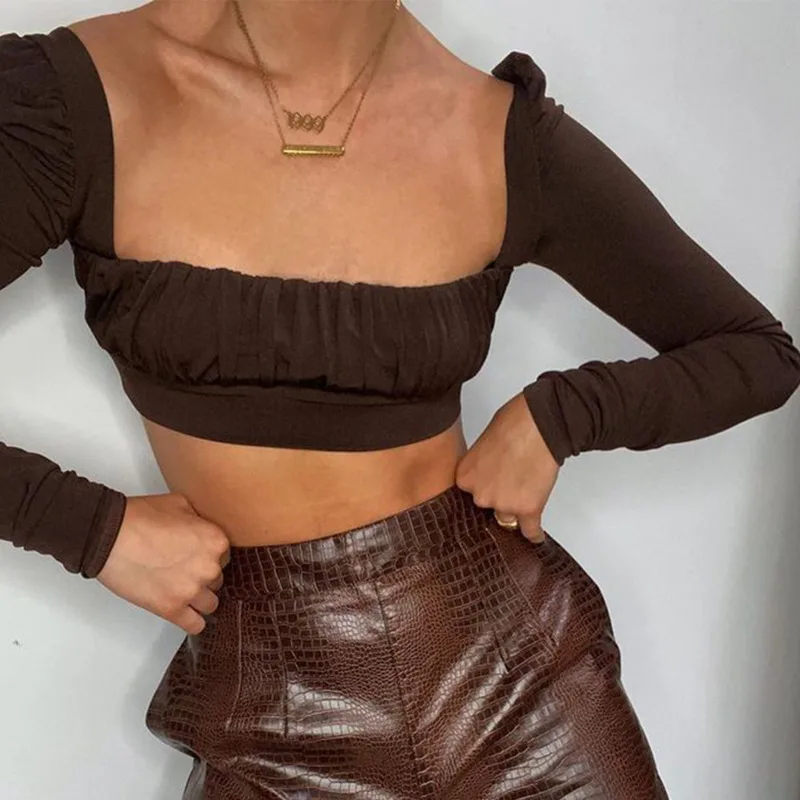 

2021 Summer Fashion Woman Tshirts Sexy Long Sleeve Square Collar Female Crop Tops Y2k Vintage Streetwear Party Tee Clothes