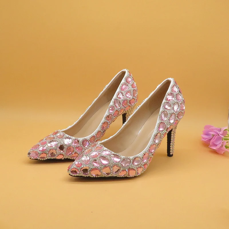 Розовые свадебные туфли со стразами обувь для подружки невесты с острым носком